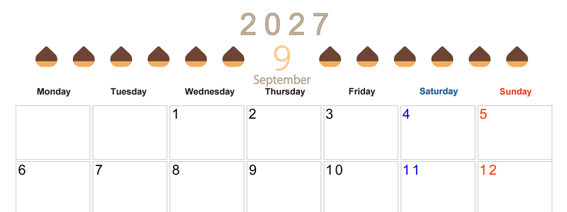 9月カレンダー2027年(無料&印刷用)は横型月曜始まりで旬のフルーツのイラストがおしゃれ：A4サイズ 【No.202701350901】
