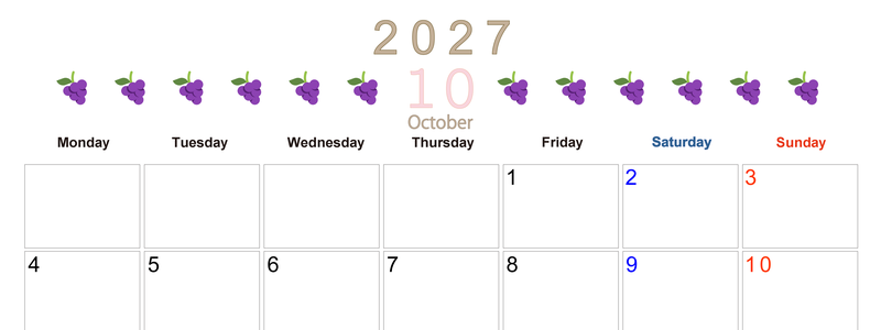 10月カレンダー2027年(無料&印刷用)は横型月曜始まりで旬のフルーツのイラストがおしゃれ：A4サイズ 【No.202701351001】