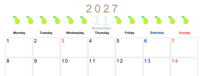 11月カレンダー2027年(無料&印刷用)は横型月曜始まりで旬のフルーツのイラストがおしゃれ：A4サイズ 【No.202701351101】