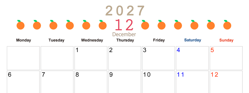 12月カレンダー2027年(無料&印刷用)は横型月曜始まりで旬のフルーツのイラストがおしゃれ：A4サイズ 【No.202701351201】