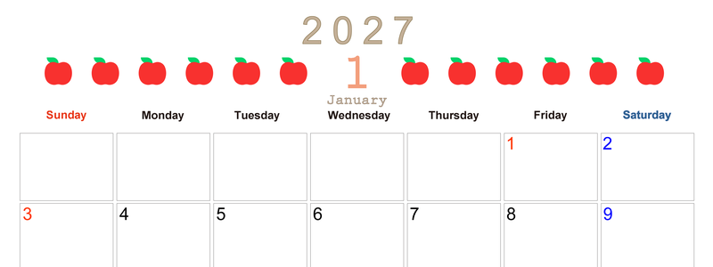 1月カレンダー2027年(無料&印刷用)は横型日曜始まりで旬のフルーツのイラストがおしゃれ：A4サイズ 【No.202701350100】