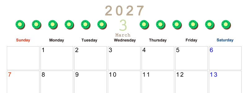 3月カレンダー2027年(無料&印刷用)は横型日曜始まりで旬のフルーツのイラストがおしゃれ：A4サイズ 【No.202701350300】