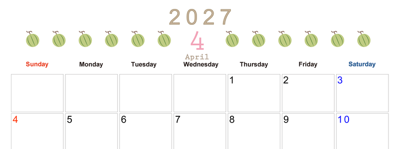 4月カレンダー2027年(無料&印刷用)は横型日曜始まりで旬のフルーツのイラストがおしゃれ：A4サイズ 【No.202701350400】