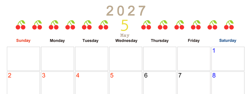 5月カレンダー2027年(無料&印刷用)は横型日曜始まりで旬のフルーツのイラストがおしゃれ：A4サイズ 【No.202701350500】
