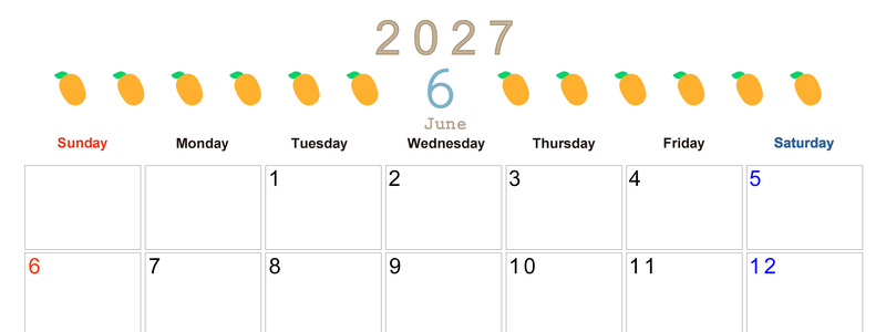 6月カレンダー2027年(無料&印刷用)は横型日曜始まりで旬のフルーツのイラストがおしゃれ：A4サイズ 【No.202701350600】