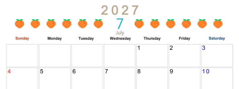 7月カレンダー2027年(無料&印刷用)は横型日曜始まりで旬のフルーツのイラストがおしゃれ：A4サイズ 【No.202701350700】