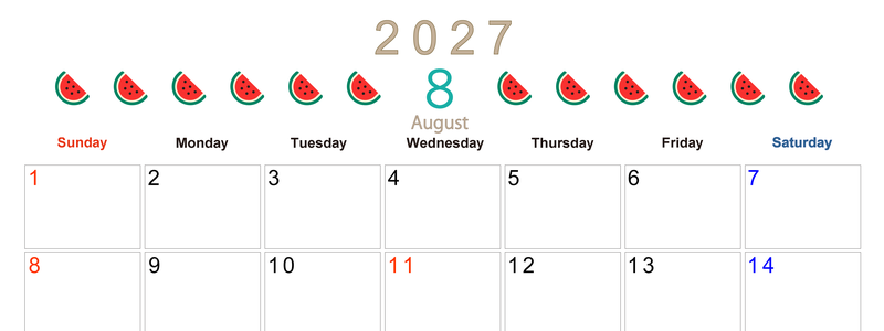 8月カレンダー2027年(無料&印刷用)は横型日曜始まりで旬のフルーツのイラストがおしゃれ：A4サイズ 【No.202701350800】