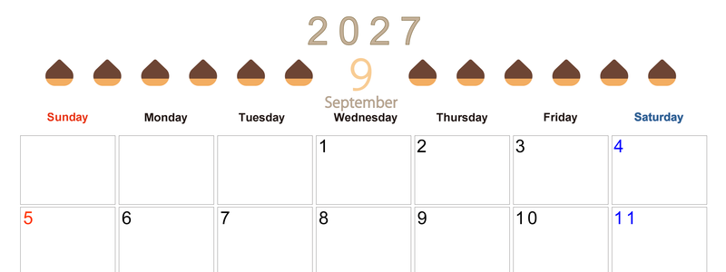 9月カレンダー2027年(無料&印刷用)は横型日曜始まりで旬のフルーツのイラストがおしゃれ：A4サイズ 【No.202701350900】