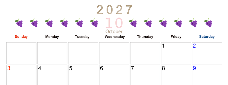 10月カレンダー2027年(無料&印刷用)は横型日曜始まりで旬のフルーツのイラストがおしゃれ：A4サイズ 【No.202701351000】