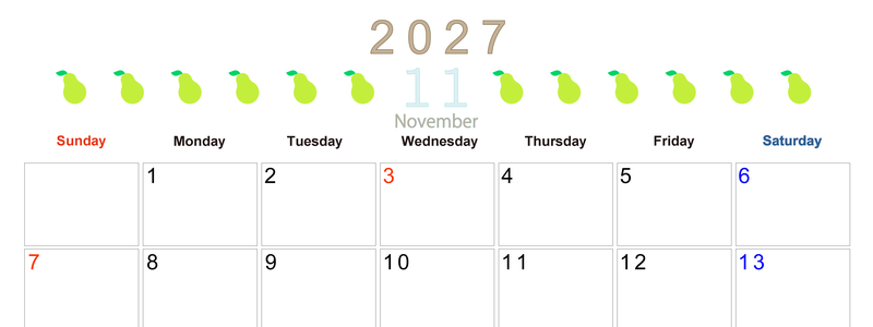 11月カレンダー2027年(無料&印刷用)は横型日曜始まりで旬のフルーツのイラストがおしゃれ：A4サイズ 【No.202701351100】