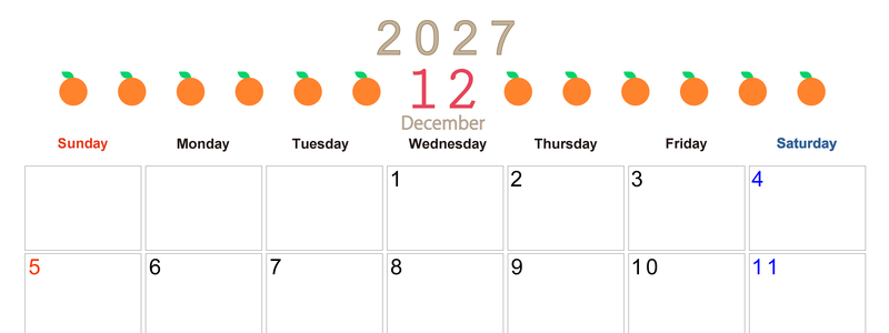 12月カレンダー2027年(無料&印刷用)は横型日曜始まりで旬のフルーツのイラストがおしゃれ：A4サイズ 【No.202701351200】