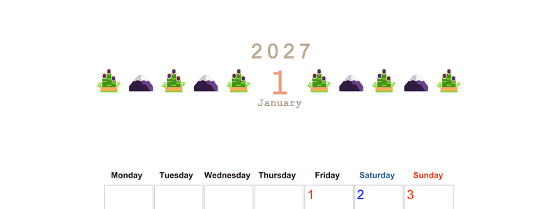 2027年1月カレンダー(印刷用)は縦型月曜始まりで季節感あふれる行事のカラフルなイラストがおしゃれ：無料 【No.202701370111】