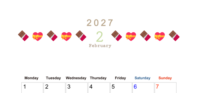 2027年2月カレンダー(印刷用)は縦型月曜始まりで季節感あふれる行事のカラフルなイラストがおしゃれ：無料 【No.202701370211】