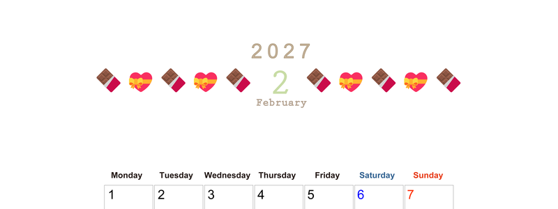 2027年2月カレンダー(印刷用)は縦型月曜始まりで季節感あふれる行事のカラフルなイラストがおしゃれ：無料 【No.202701370211】