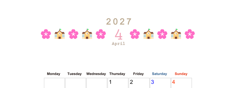 2027年4月カレンダー(印刷用)は縦型月曜始まりで季節感あふれる行事のカラフルなイラストがおしゃれ：無料 【No.202701370411】