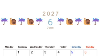 2027年6月カレンダー(印刷用)は縦型月曜始まりで季節感あふれる行事のカラフルなイラストがおしゃれ：無料 【No.202701370611】