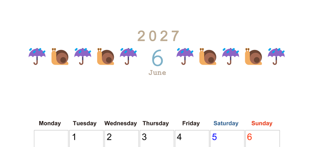 2027年6月カレンダー(印刷用)は縦型月曜始まりで季節感あふれる行事のカラフルなイラストがおしゃれ：無料 【No.202701370611】