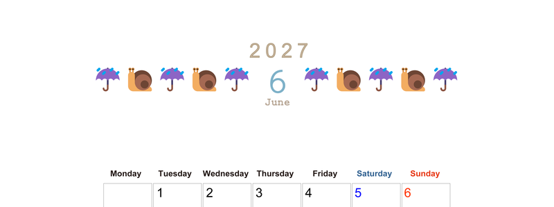 2027年6月カレンダー(印刷用)は縦型月曜始まりで季節感あふれる行事のカラフルなイラストがおしゃれ：無料 【No.202701370611】