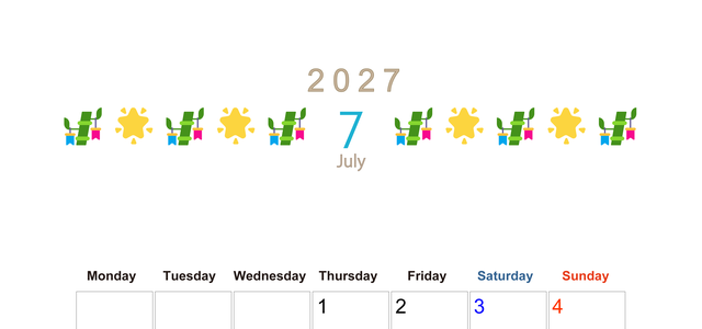 2027年7月カレンダー(印刷用)は縦型月曜始まりで季節感あふれる行事のカラフルなイラストがおしゃれ：無料 【No.202701370711】