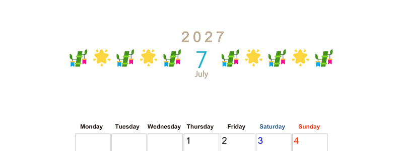 2027年7月カレンダー(印刷用)は縦型月曜始まりで季節感あふれる行事のカラフルなイラストがおしゃれ：無料 【No.202701370711】