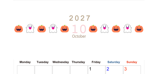 2027年10月カレンダー(印刷用)は縦型月曜始まりで季節感あふれる行事のカラフルなイラストがおしゃれ：無料 【No.202701371011】