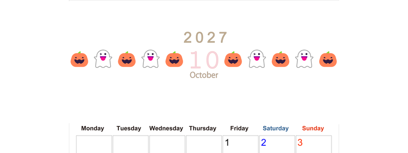 2027年10月カレンダー(印刷用)は縦型月曜始まりで季節感あふれる行事のカラフルなイラストがおしゃれ：無料 【No.202701371011】
