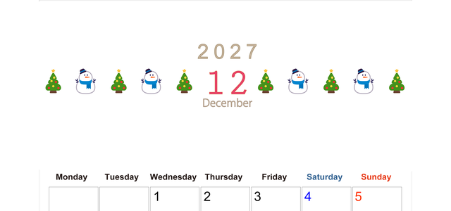 2027年12月カレンダー(印刷用)は縦型月曜始まりで季節感あふれる行事のカラフルなイラストがおしゃれ：無料 【No.202701371211】