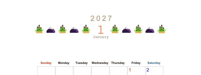 2027年1月カレンダー(印刷用)は縦型日曜始まりで季節感あふれる行事のカラフルなイラストがおしゃれ：無料 【No.202701370110】