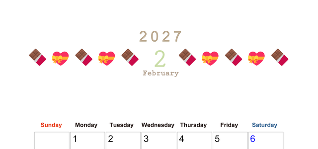 2027年2月カレンダー(印刷用)は縦型日曜始まりで季節感あふれる行事のカラフルなイラストがおしゃれ：無料 【No.202701370210】