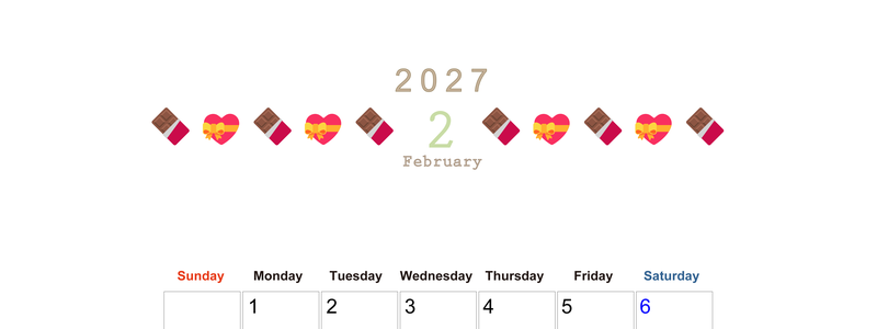 2027年2月カレンダー(印刷用)は縦型日曜始まりで季節感あふれる行事のカラフルなイラストがおしゃれ：無料 【No.202701370210】