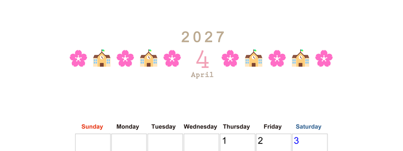2027年4月カレンダー(印刷用)は縦型日曜始まりで季節感あふれる行事のカラフルなイラストがおしゃれ：無料 【No.202701370410】