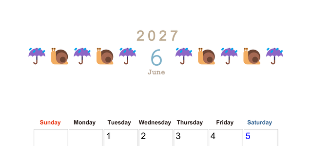 2027年6月カレンダー(印刷用)は縦型日曜始まりで季節感あふれる行事のカラフルなイラストがおしゃれ：無料 【No.202701370610】