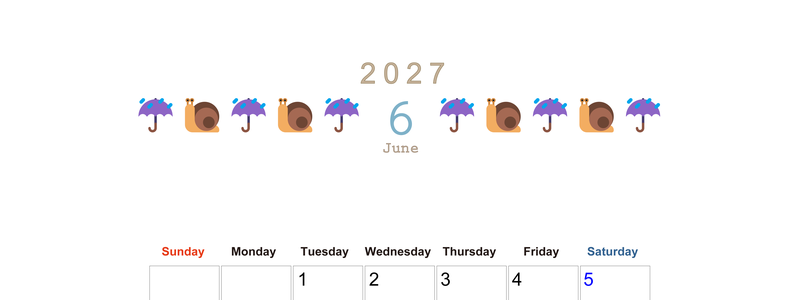 2027年6月カレンダー(印刷用)は縦型日曜始まりで季節感あふれる行事のカラフルなイラストがおしゃれ：無料 【No.202701370610】