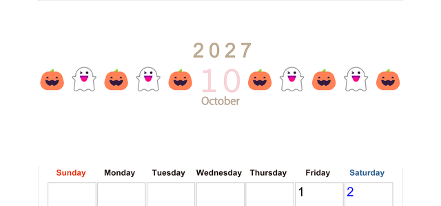 2027年10月カレンダー(印刷用)は縦型日曜始まりで季節感あふれる行事のカラフルなイラストがおしゃれ：無料 【No.202701371010】