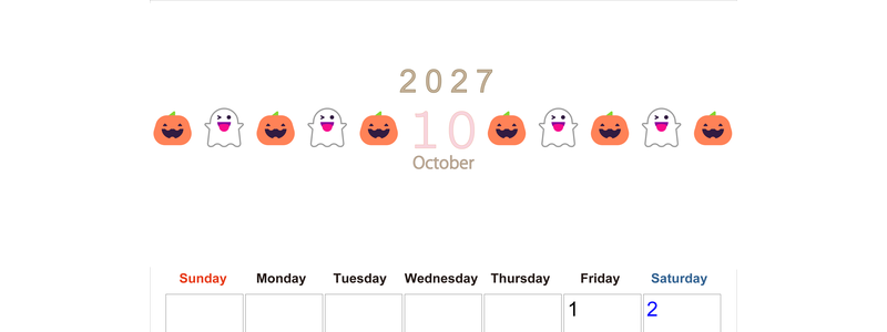 2027年10月カレンダー(印刷用)は縦型日曜始まりで季節感あふれる行事のカラフルなイラストがおしゃれ：無料 【No.202701371010】