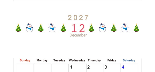 2027年12月カレンダー(印刷用)は縦型日曜始まりで季節感あふれる行事のカラフルなイラストがおしゃれ：無料 【No.202701371210】
