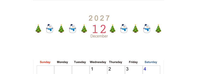 2027年12月カレンダー(印刷用)は縦型日曜始まりで季節感あふれる行事のカラフルなイラストがおしゃれ：無料 【No.202701371210】