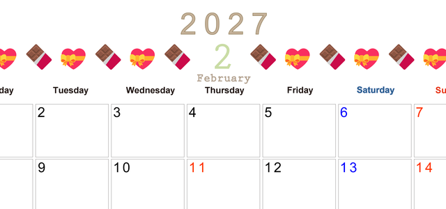 2027年2月カレンダー(印刷用)は横型月曜始まりで季節感あふれる行事のカラフルなイラストがおしゃれ：無料 【No.202701370201】