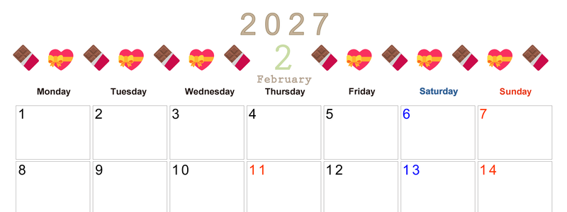 2027年2月カレンダー(印刷用)は横型月曜始まりで季節感あふれる行事のカラフルなイラストがおしゃれ：無料 【No.202701370201】