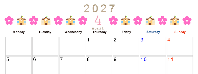 2027年4月カレンダー(印刷用)は横型月曜始まりで季節感あふれる行事のカラフルなイラストがおしゃれ：無料 【No.202701370401】