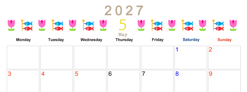 2027年5月カレンダー(印刷用)は横型月曜始まりで季節感あふれる行事のカラフルなイラストがおしゃれ：無料 【No.202701370501】