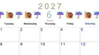 2027年6月カレンダー(印刷用)は横型月曜始まりで季節感あふれる行事のカラフルなイラストがおしゃれ：無料 【No.202701370601】