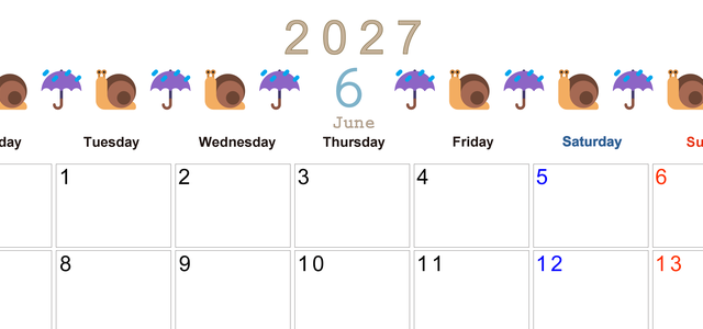 2027年6月カレンダー(印刷用)は横型月曜始まりで季節感あふれる行事のカラフルなイラストがおしゃれ：無料 【No.202701370601】