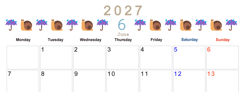 2027年6月カレンダー(印刷用)は横型月曜始まりで季節感あふれる行事のカラフルなイラストがおしゃれ：無料 【No.202701370601】