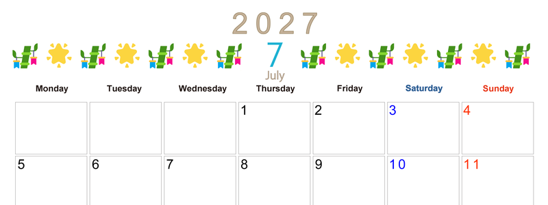 2027年7月カレンダー(印刷用)は横型月曜始まりで季節感あふれる行事のカラフルなイラストがおしゃれ：無料 【No.202701370701】