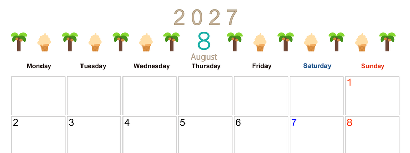 2027年8月カレンダー(印刷用)は横型月曜始まりで季節感あふれる行事のカラフルなイラストがおしゃれ：無料 【No.202701370801】