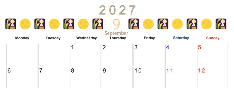 2027年9月カレンダー(印刷用)は横型月曜始まりで季節感あふれる行事のカラフルなイラストがおしゃれ：無料 【No.202701370901】
