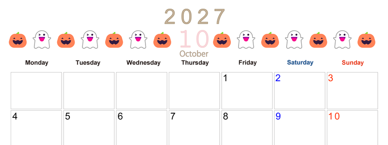 2027年10月カレンダー(印刷用)は横型月曜始まりで季節感あふれる行事のカラフルなイラストがおしゃれ：無料 【No.202701371001】
