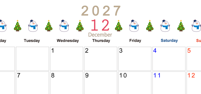 2027年12月カレンダー(印刷用)は横型月曜始まりで季節感あふれる行事のカラフルなイラストがおしゃれ：無料 【No.202701371201】