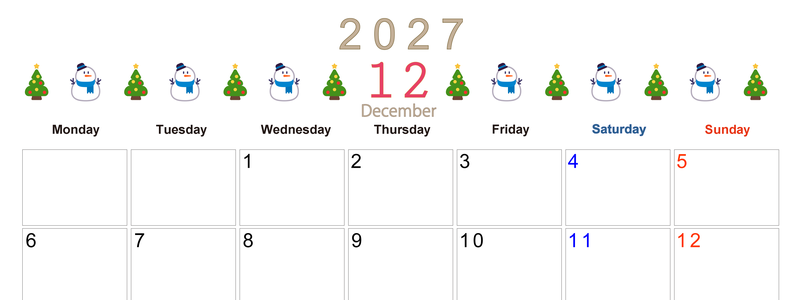 2027年12月カレンダー(印刷用)は横型月曜始まりで季節感あふれる行事のカラフルなイラストがおしゃれ：無料 【No.202701371201】